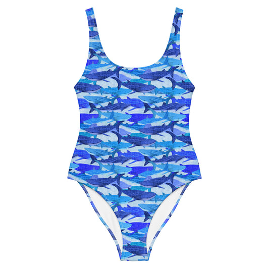 Blue one piece swimsuit with whale sharks 