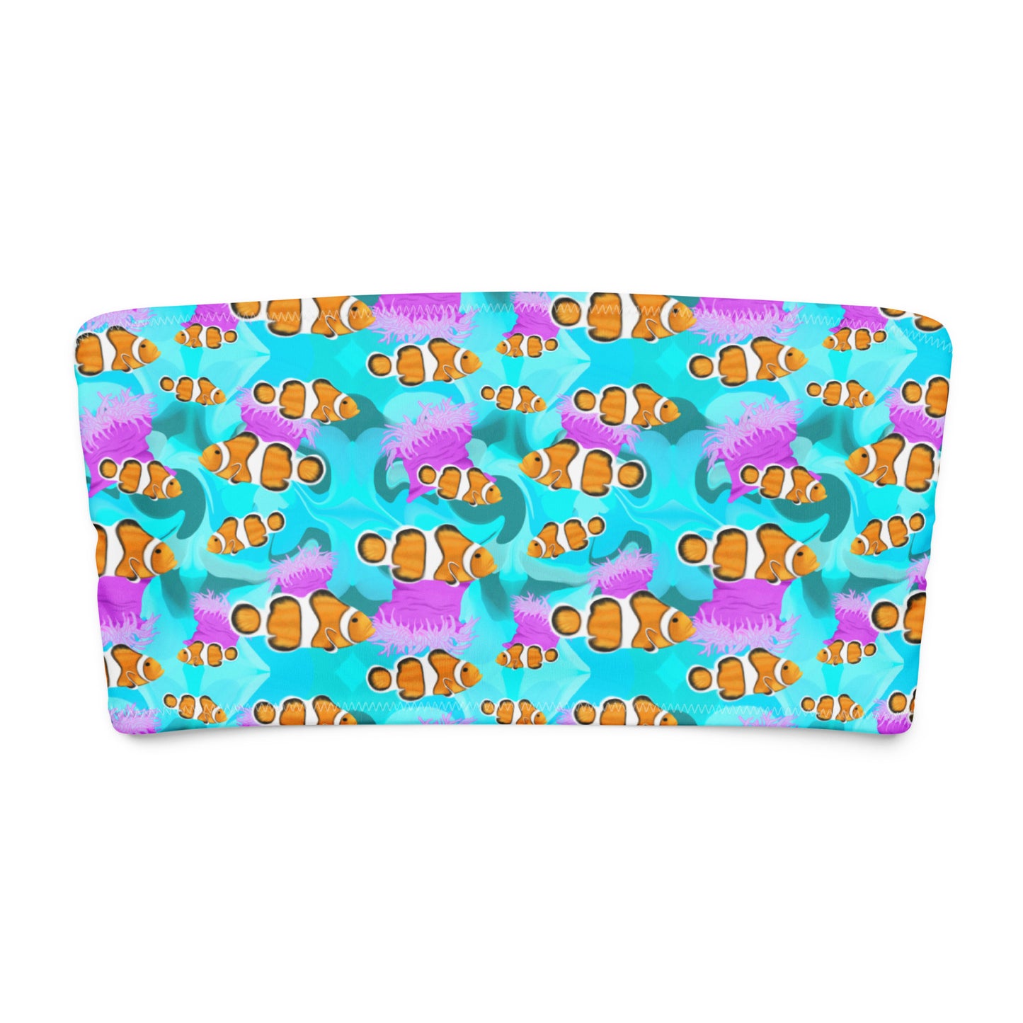Blue bandeau bikini top with clownfish and pink anemones 