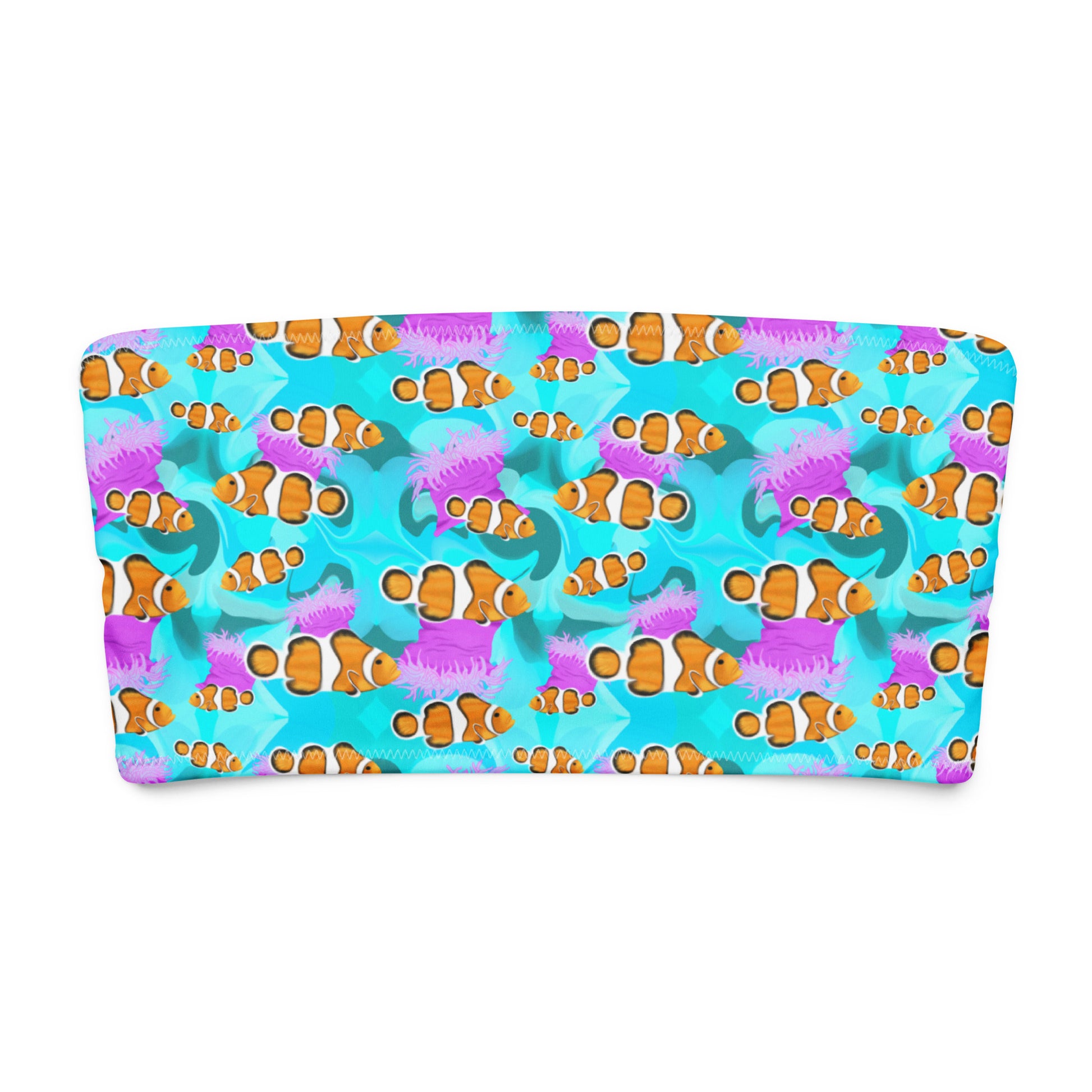 Blue bandeau bikini top with clownfish and pink anemones 