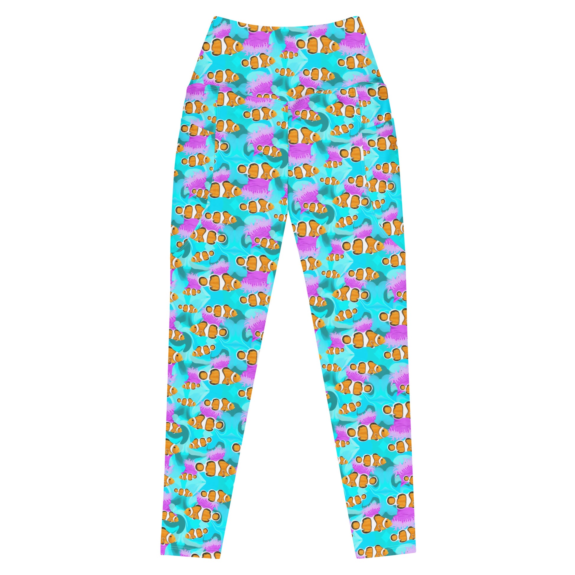 Blue dive leggings with pink anemones and clownfish