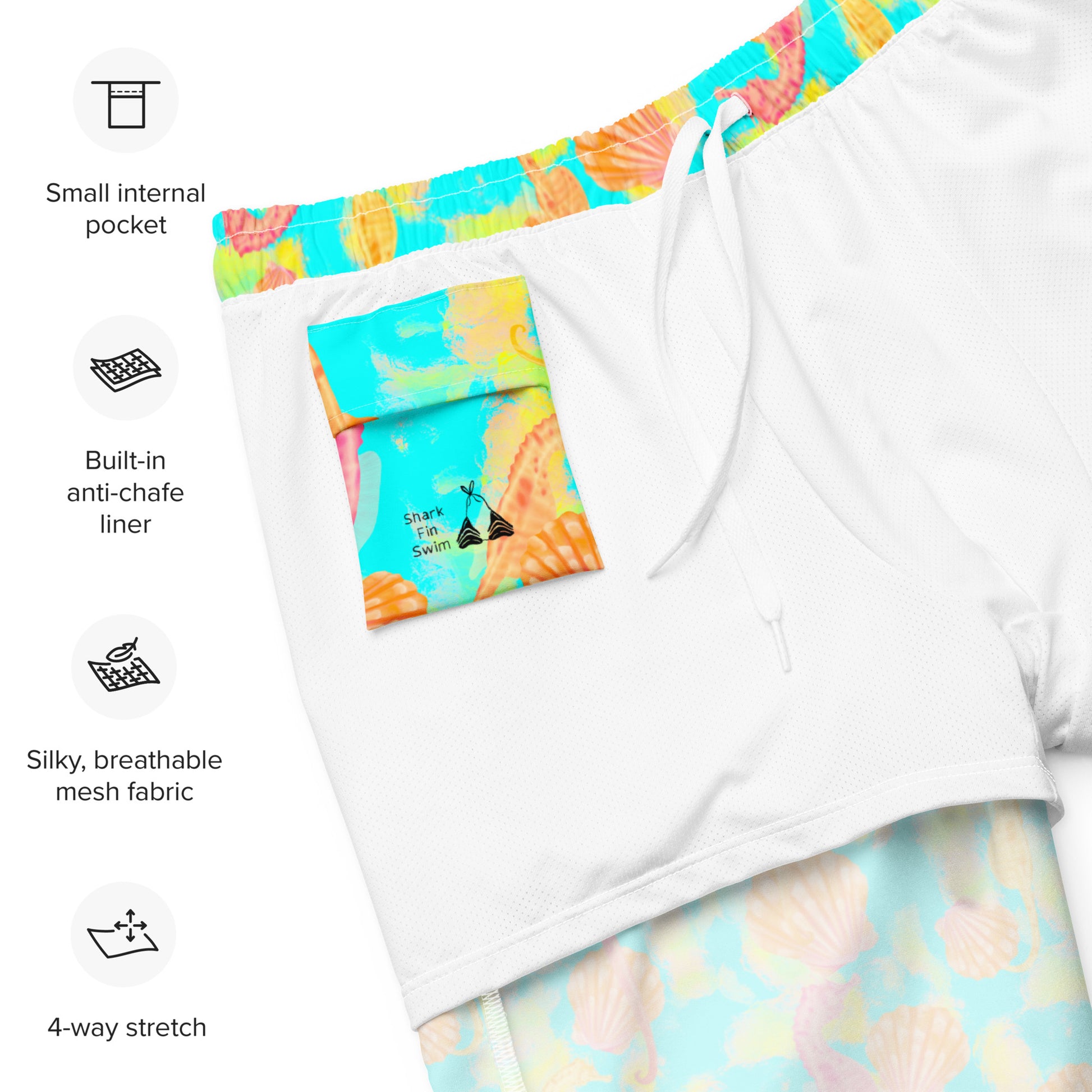 Colorful swim trunks with a small internal pocket and built-in anti-chafe liner on a white background.
