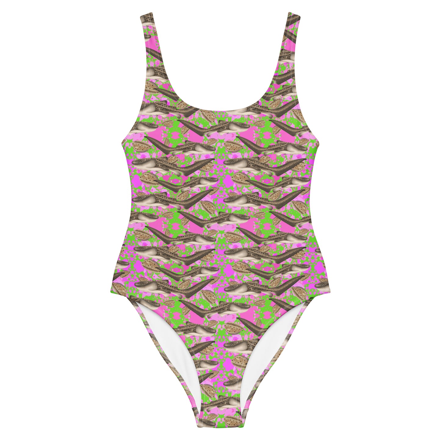 Green and pink one piece swimsuit with zebra sharks 