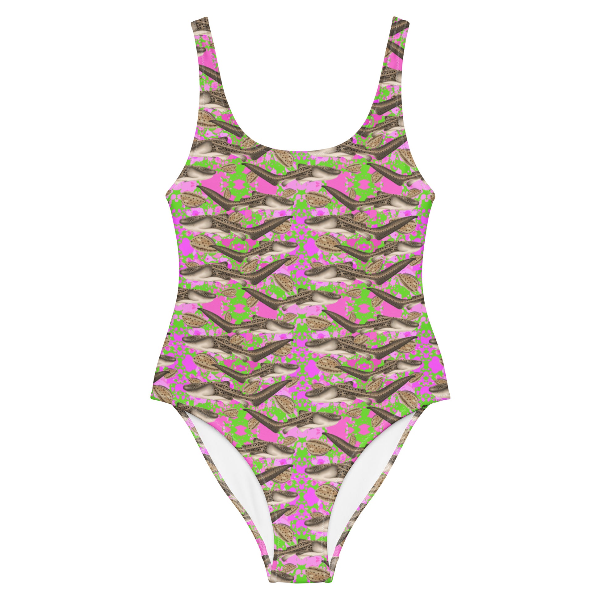 Green and pink one piece swimsuit with zebra sharks 