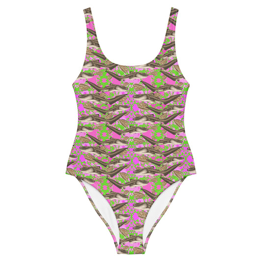 Green and pink one piece swimsuit with zebra sharks 