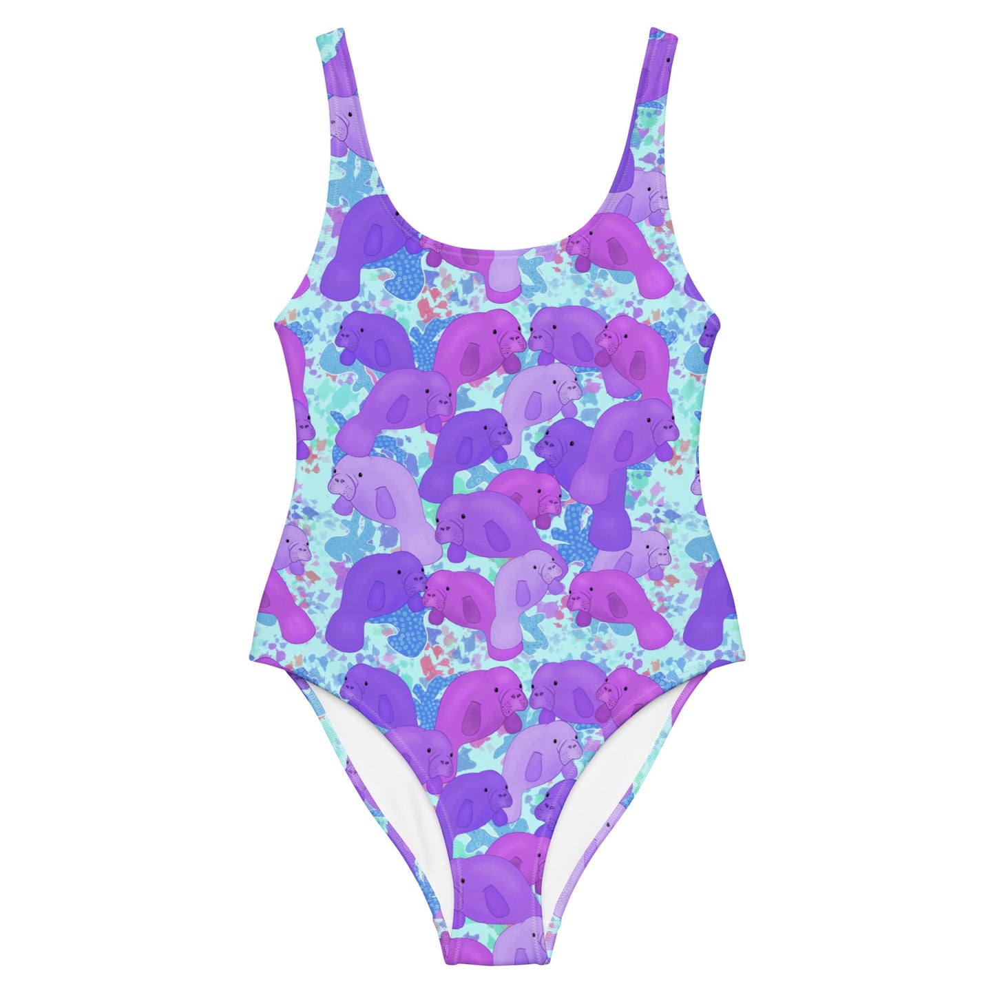 Blue one piece swimsuit with purple manatees 