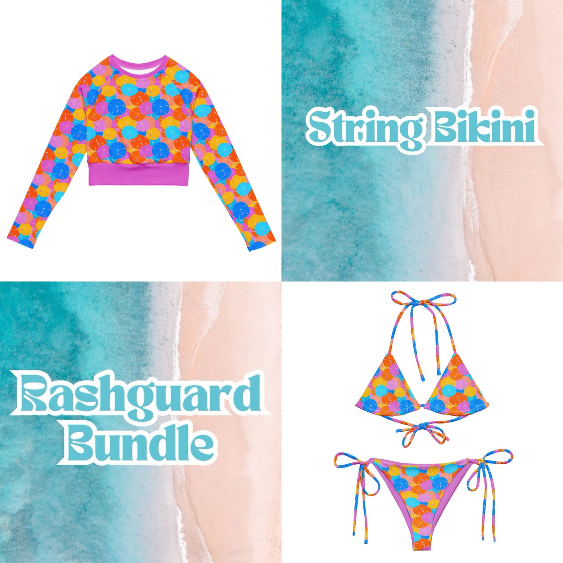 Mermaid money sand dollar string bikini and cropped rashguard bundle 