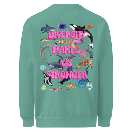 Green Crewneck sweatshirt with colorful ocean animal design on the back that says “diversity makes us stronger”
