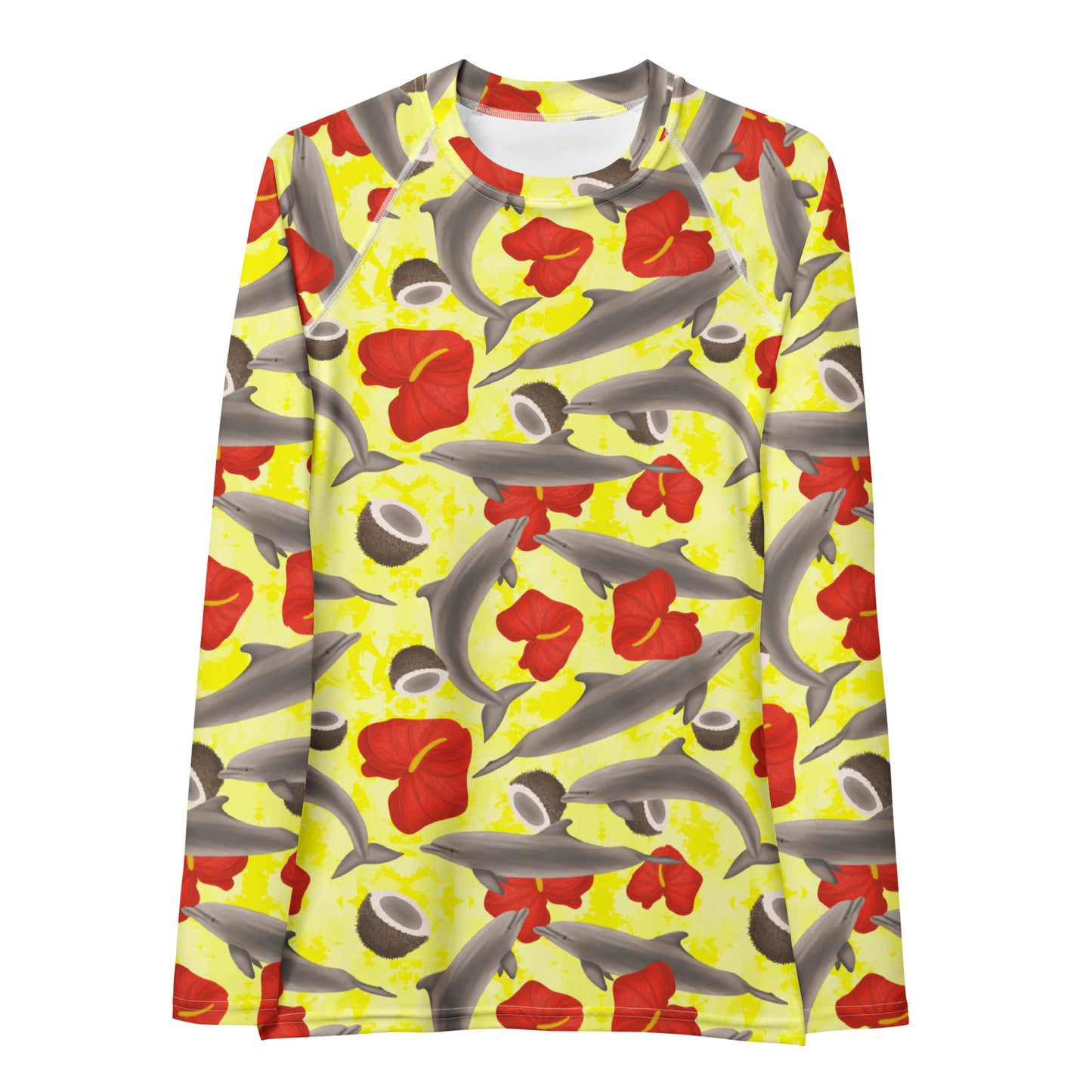 Yellow long sleeve rashguard with dolphins and red flowers