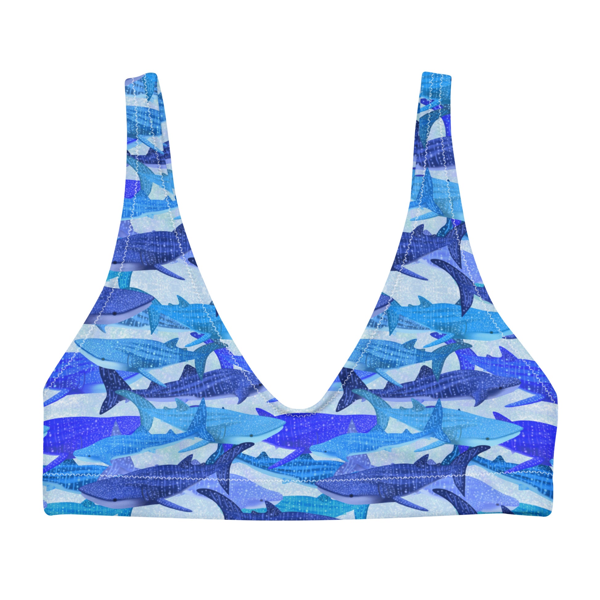 Blue glitter whale sharks on eco sporty supportive bikini top 
