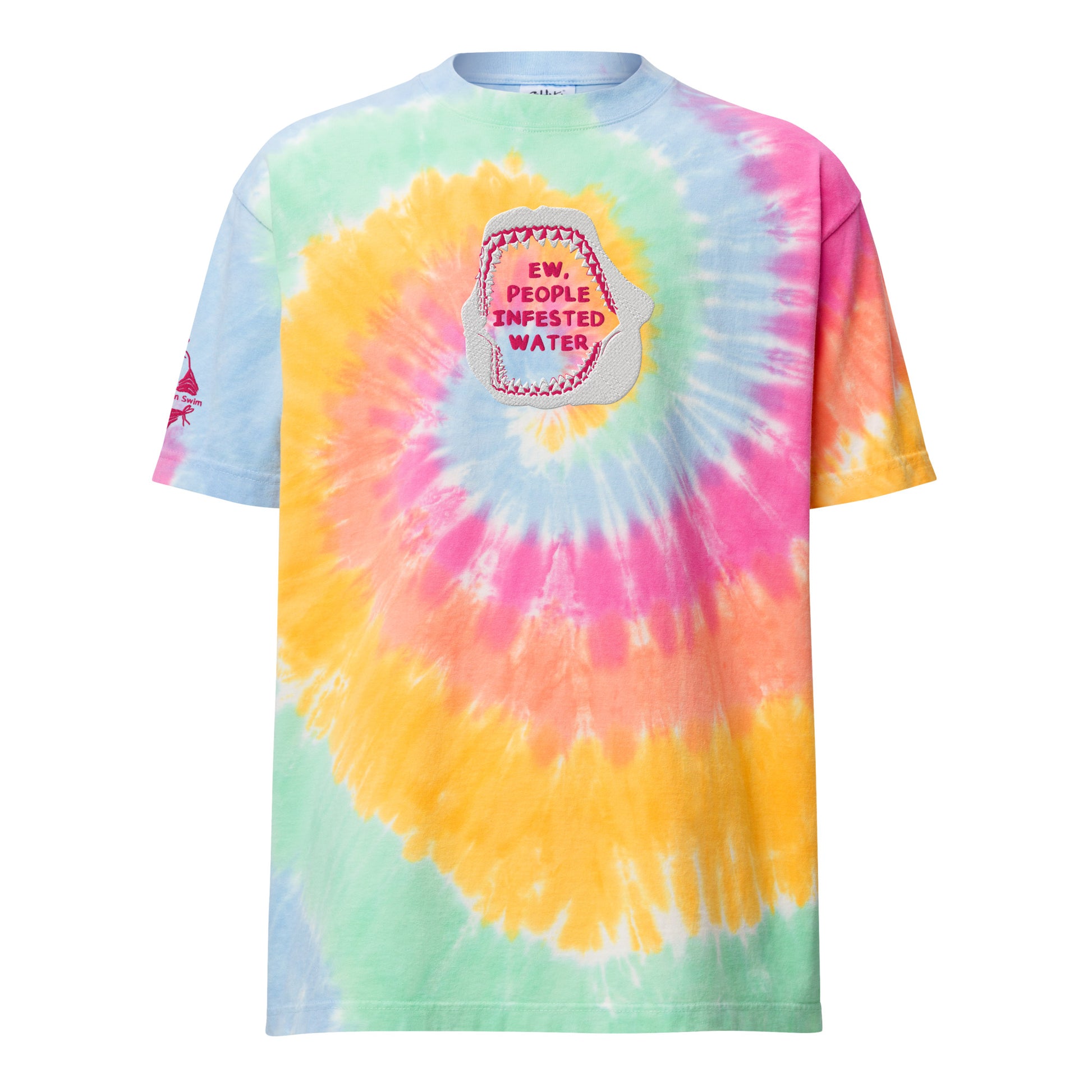 rainbow swirl tie dye t shirt with a white and pink shark jaw design that says “ew, people infested water” 