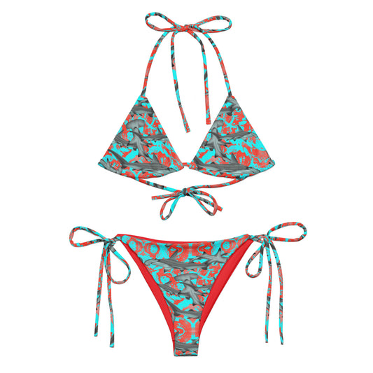 Fin & Fierce Hammerhead sustainable string bikini blue and red background