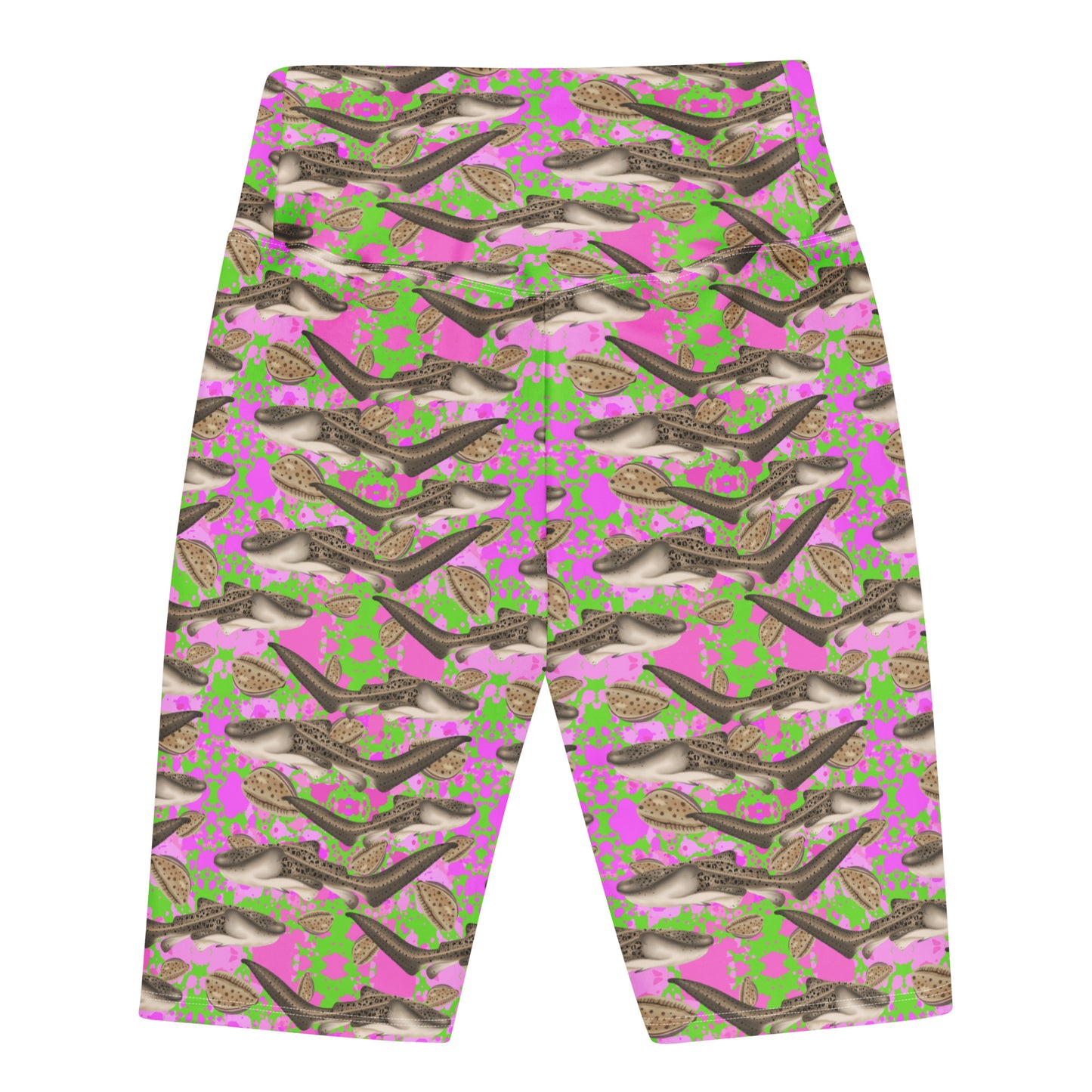 Green and pink bike shorts with zebra sharks 