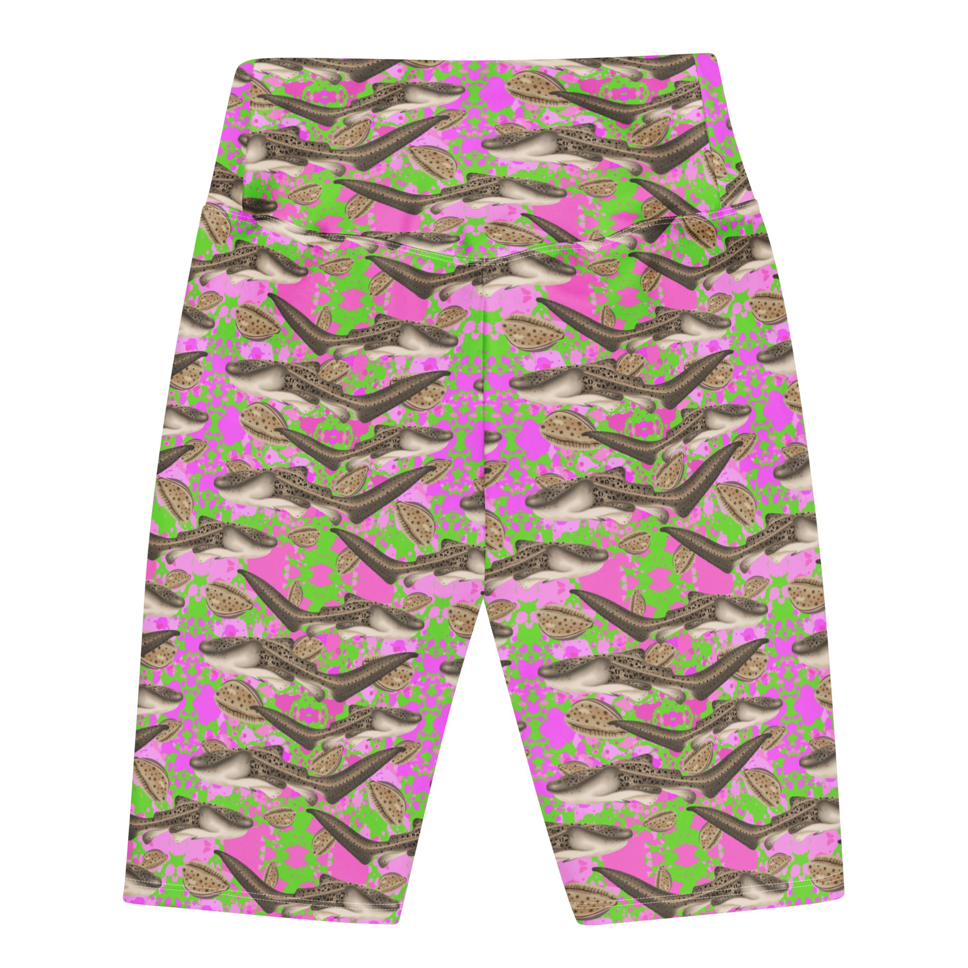 Green and pink bike shorts with zebra sharks 