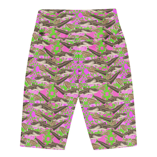 Green and pink bike shorts with zebra sharks 