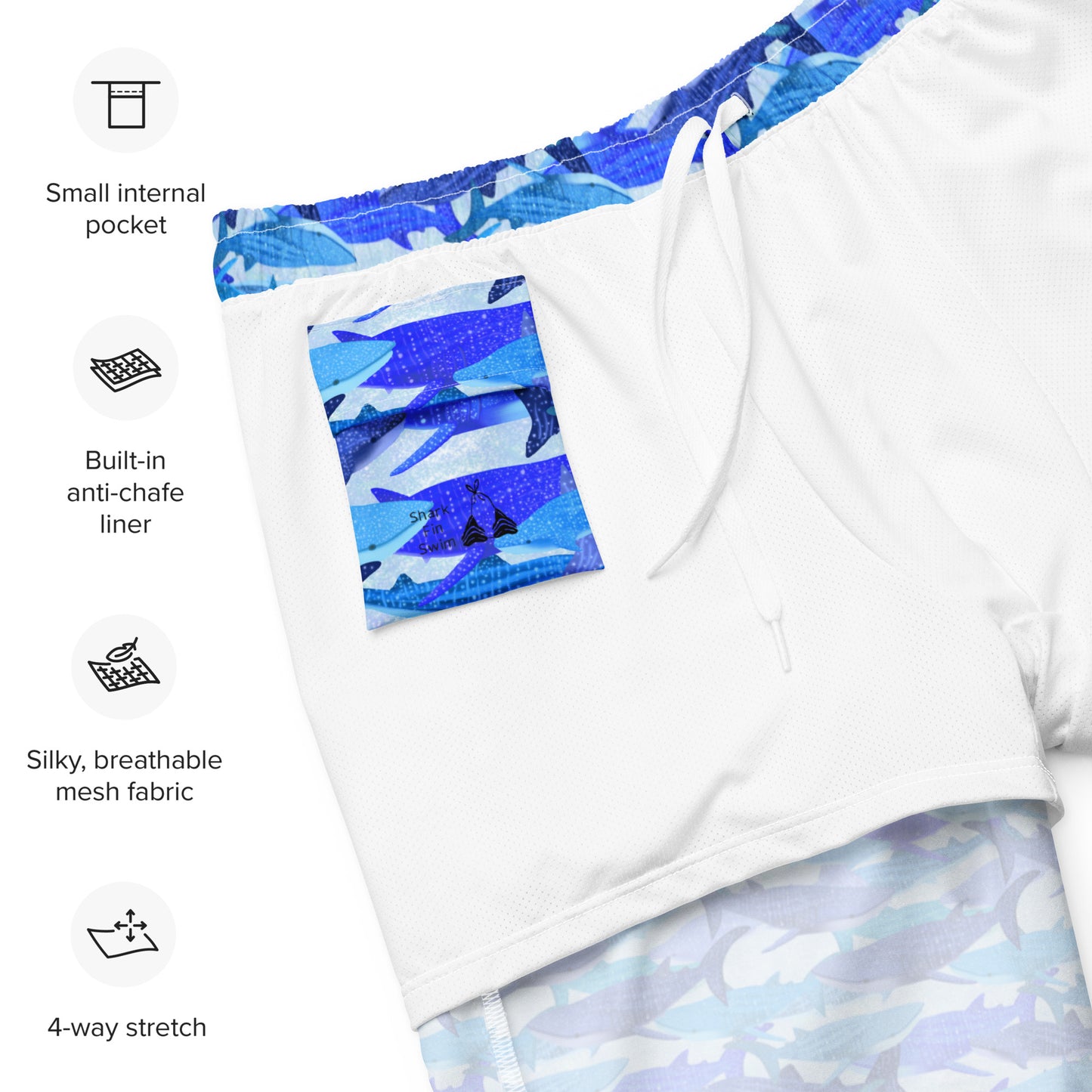 Blue glitter whale sharks on eco swim trunks 