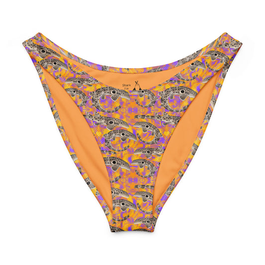 Epaulette Shark eco high cut bikini bottom with orange and purple background