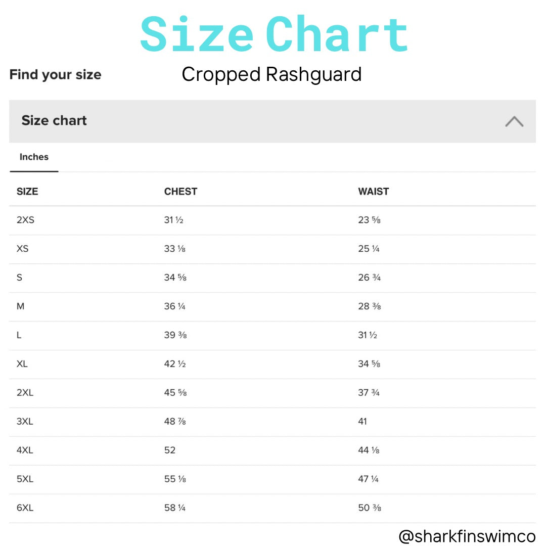 Cropped Rashguard size chart in inches 