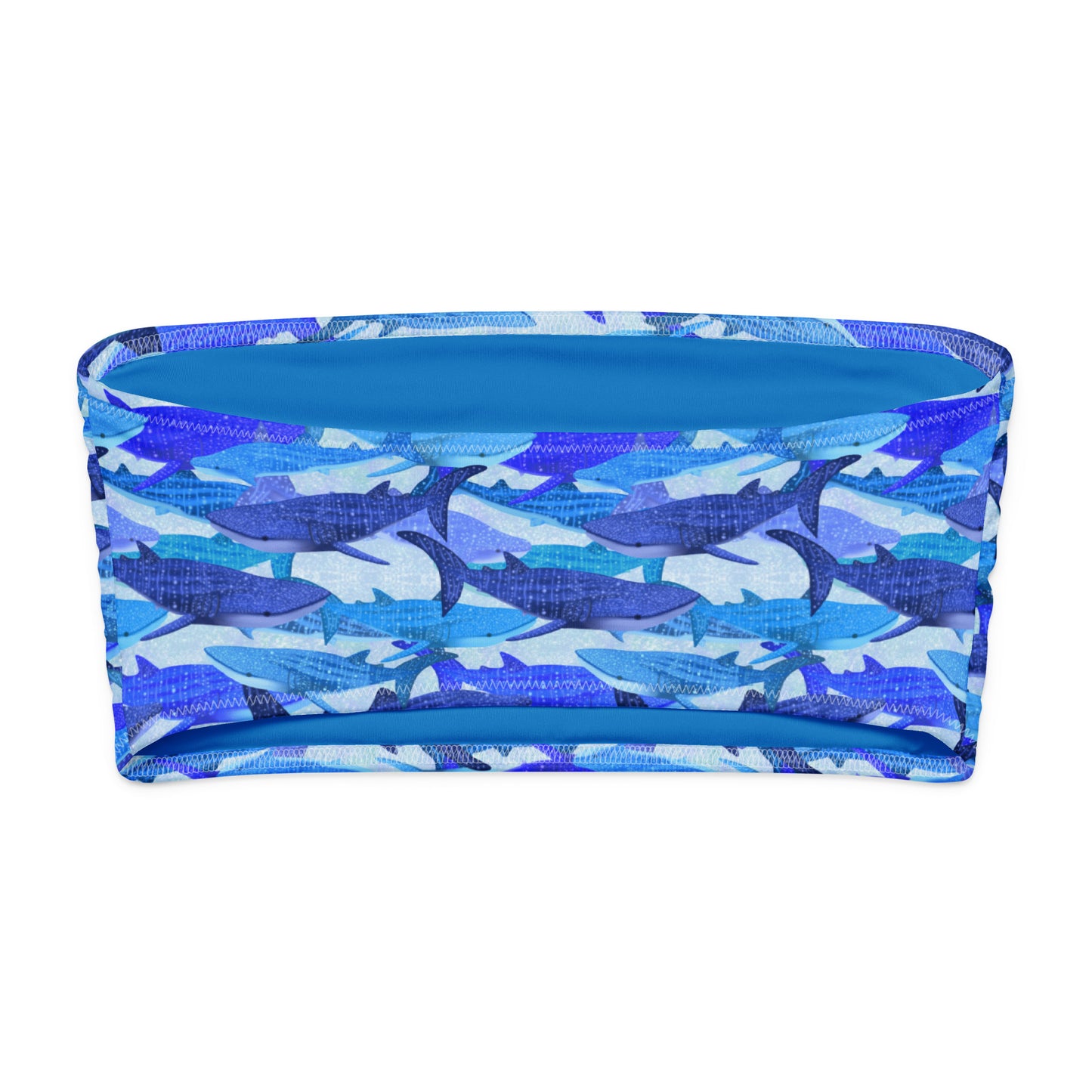 Blue glittery whale sharks on our recycled bikini tube top 
