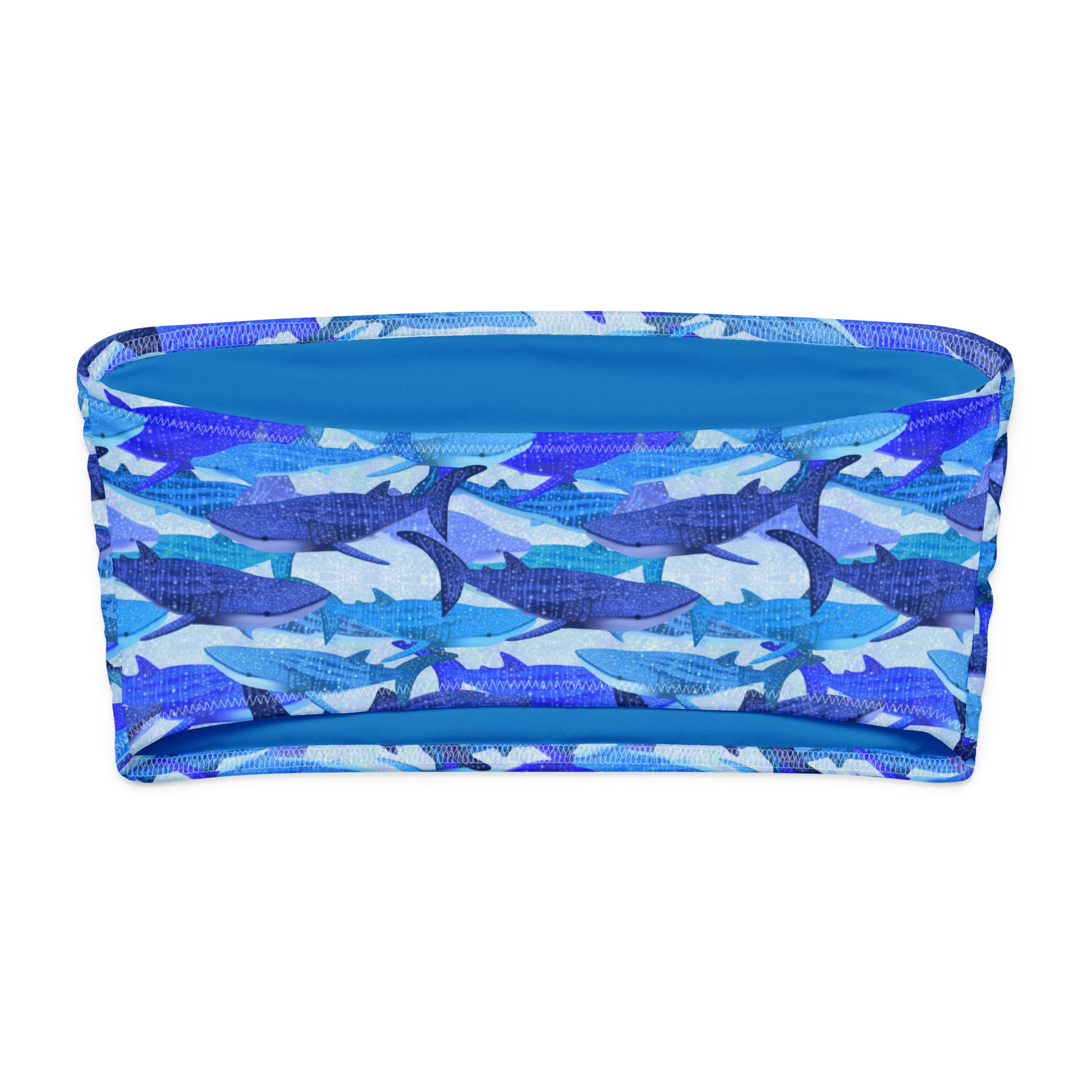 Blue glittery whale sharks on our recycled bikini tube top 