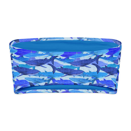 Blue glittery whale sharks on our recycled bikini tube top 