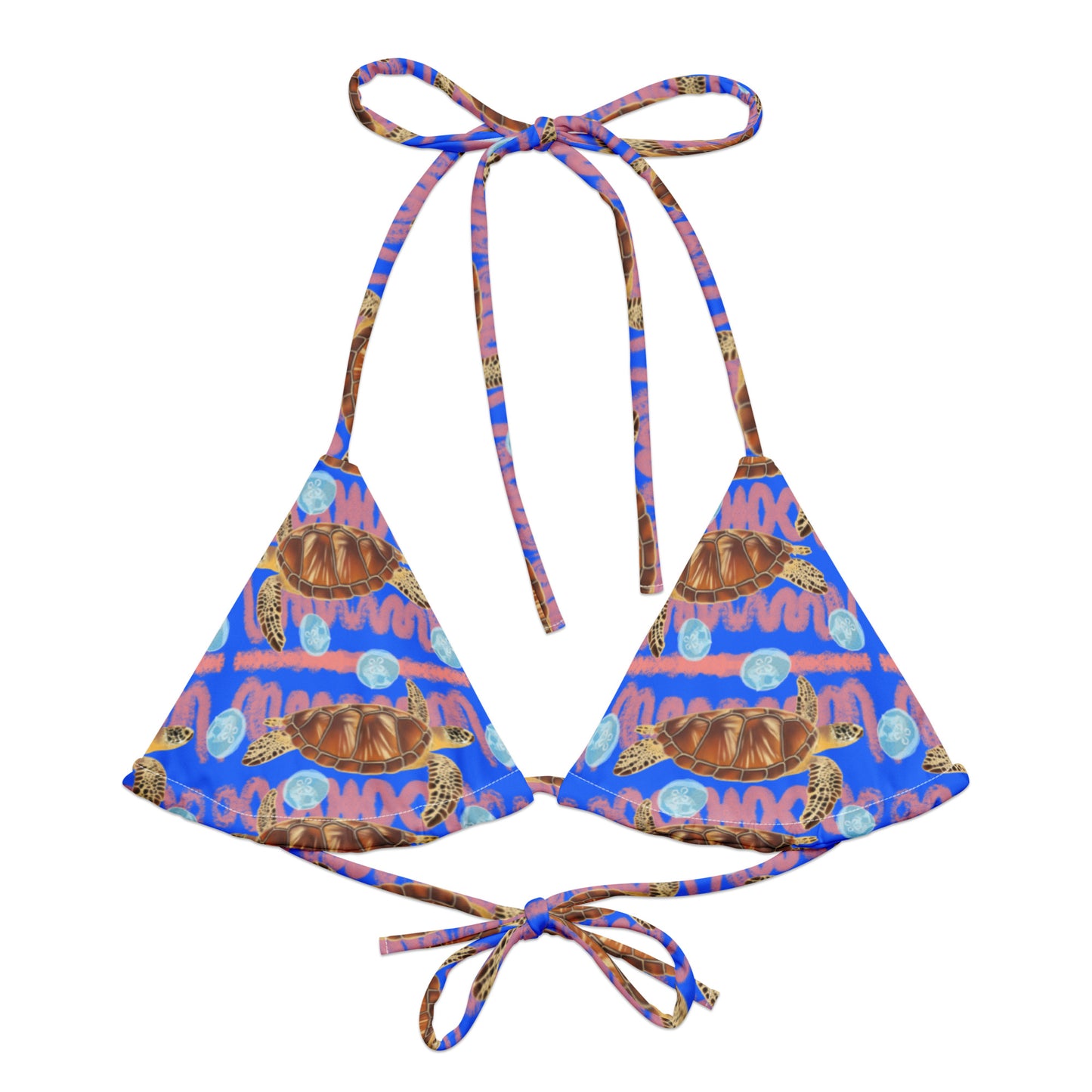 Royal blue and peachy background with sea turtles and moon jellyfish. Eco string bikini top