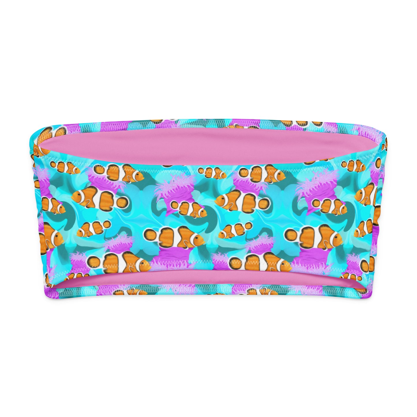 Blue bandeau bikini top with clownfish and pink anemones 