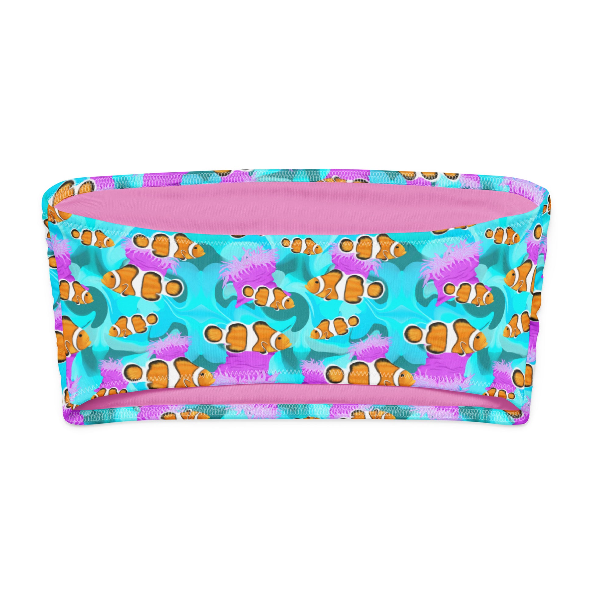 Blue bandeau bikini top with clownfish and pink anemones 