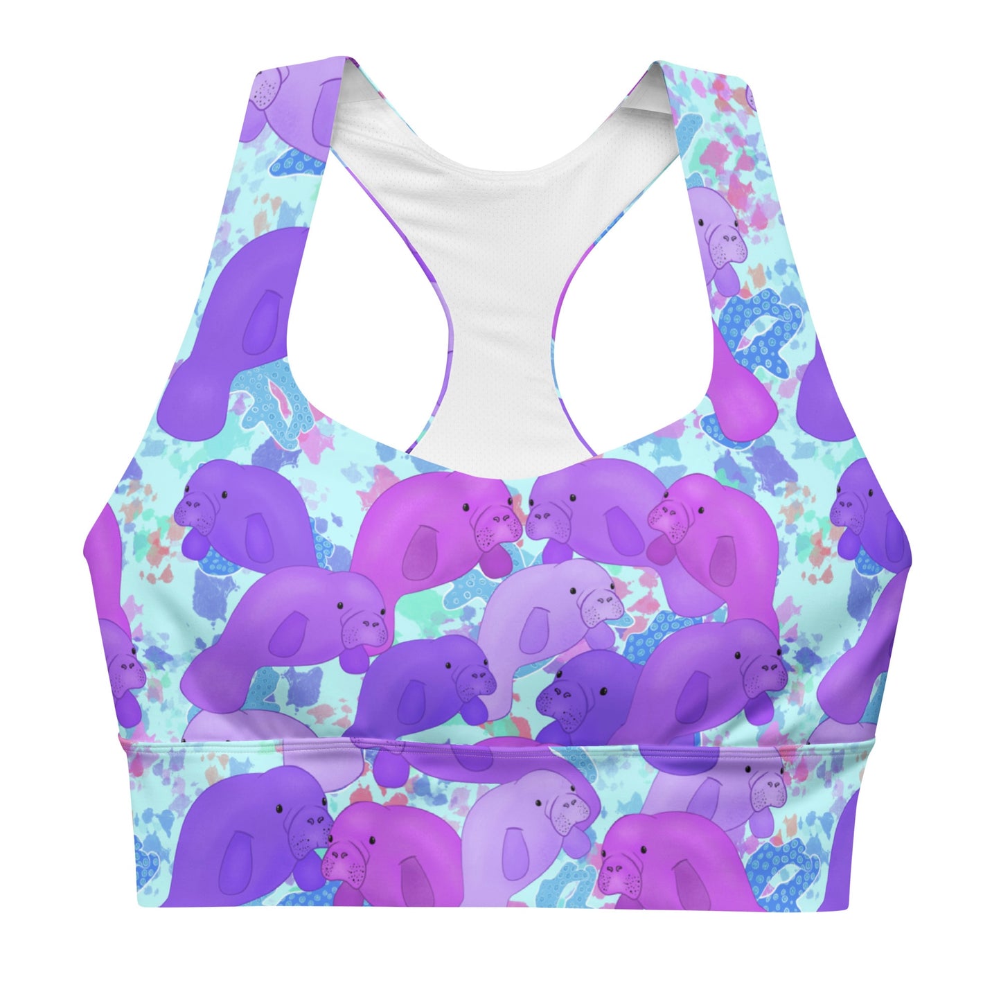Blue sports bra with purple manatees 