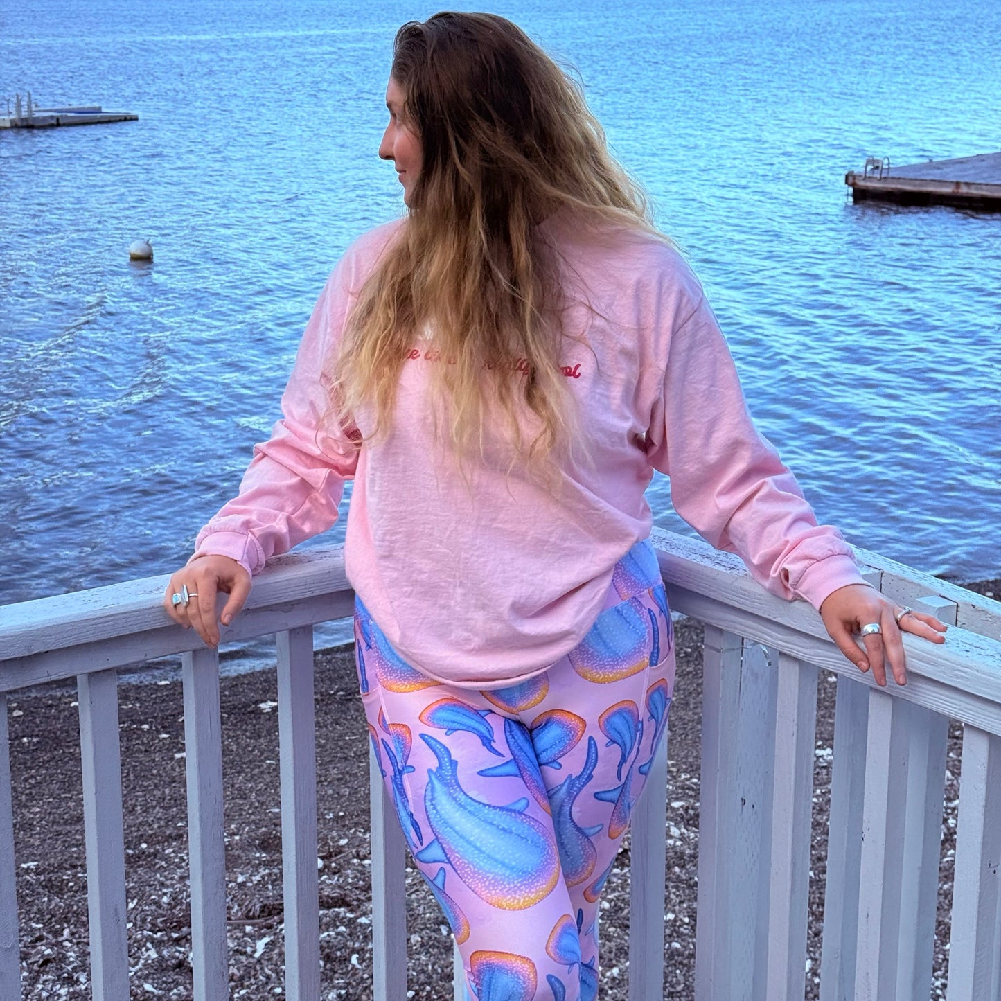 rainbow whale sharks on pink and purple tie dye background eco dive leggings 