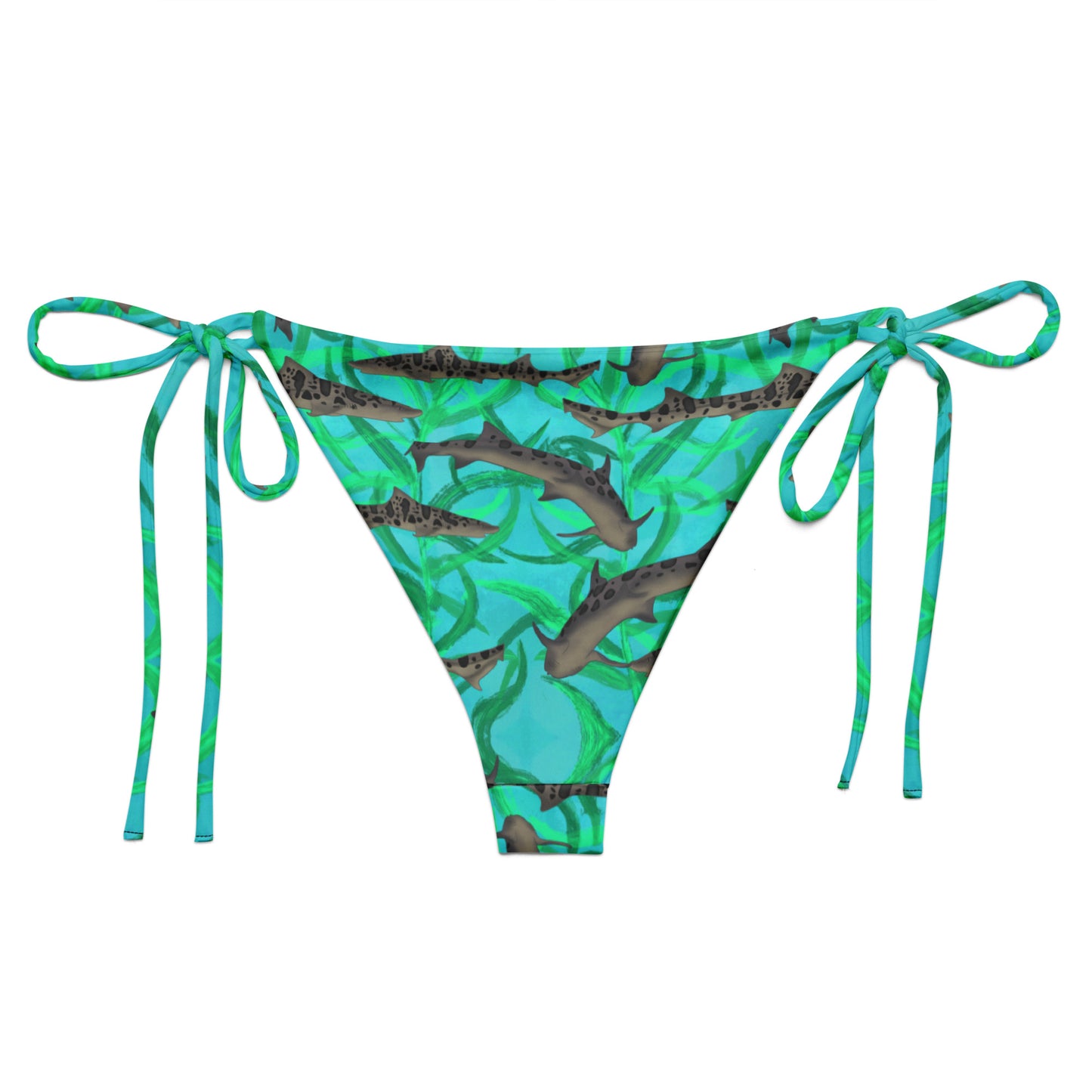 Green and blue string bikini bottom with leopard sharks 