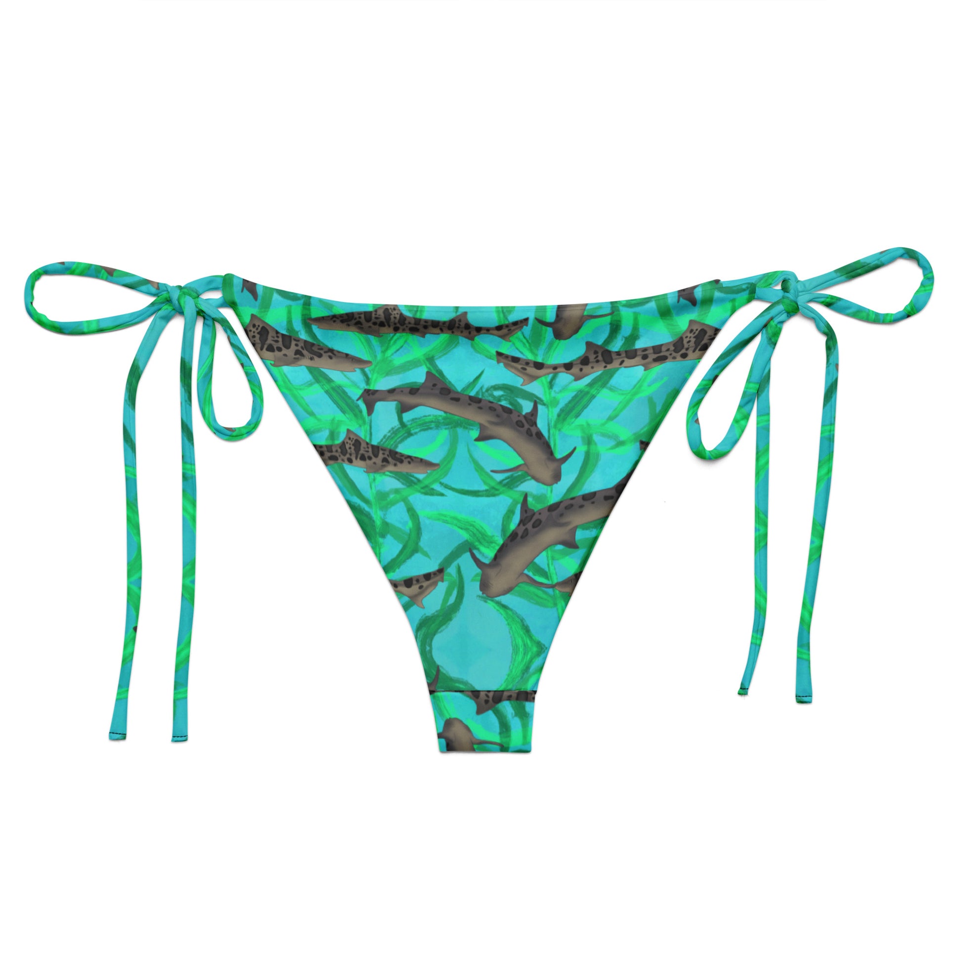 Green and blue string bikini bottom with leopard sharks 