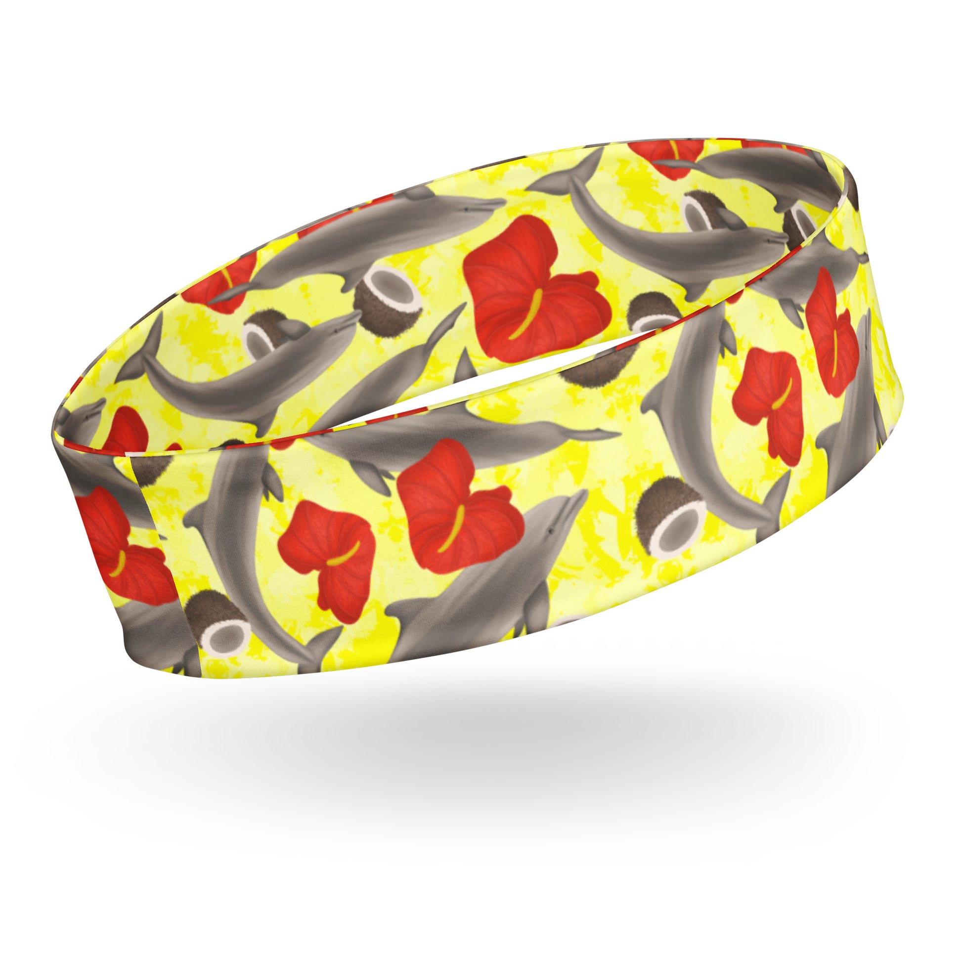 Yellow dive headband with dolphins and red flowers 