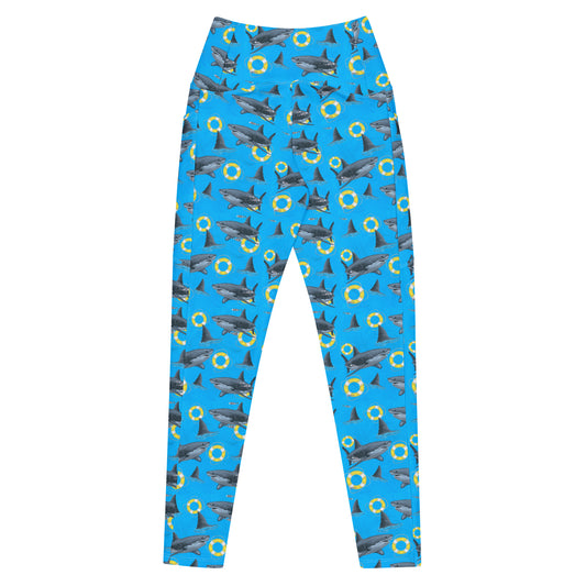 Blue great white shark dive leggings with yellow floaties 