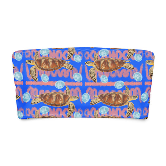 Royal blue and peachy background with sea turtles and moon jellyfish. Eco bandeau bikini top