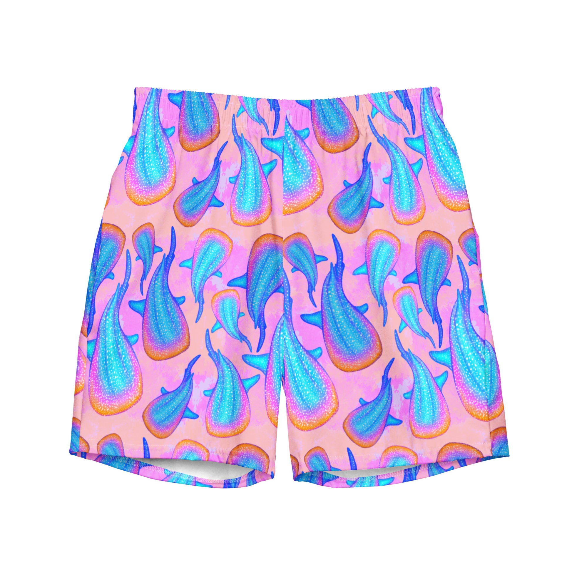 Rainbow whale sharks on a pink and purple background eco swim trunks 