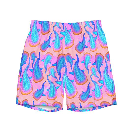 Rainbow whale sharks on a pink and purple background eco swim trunks 