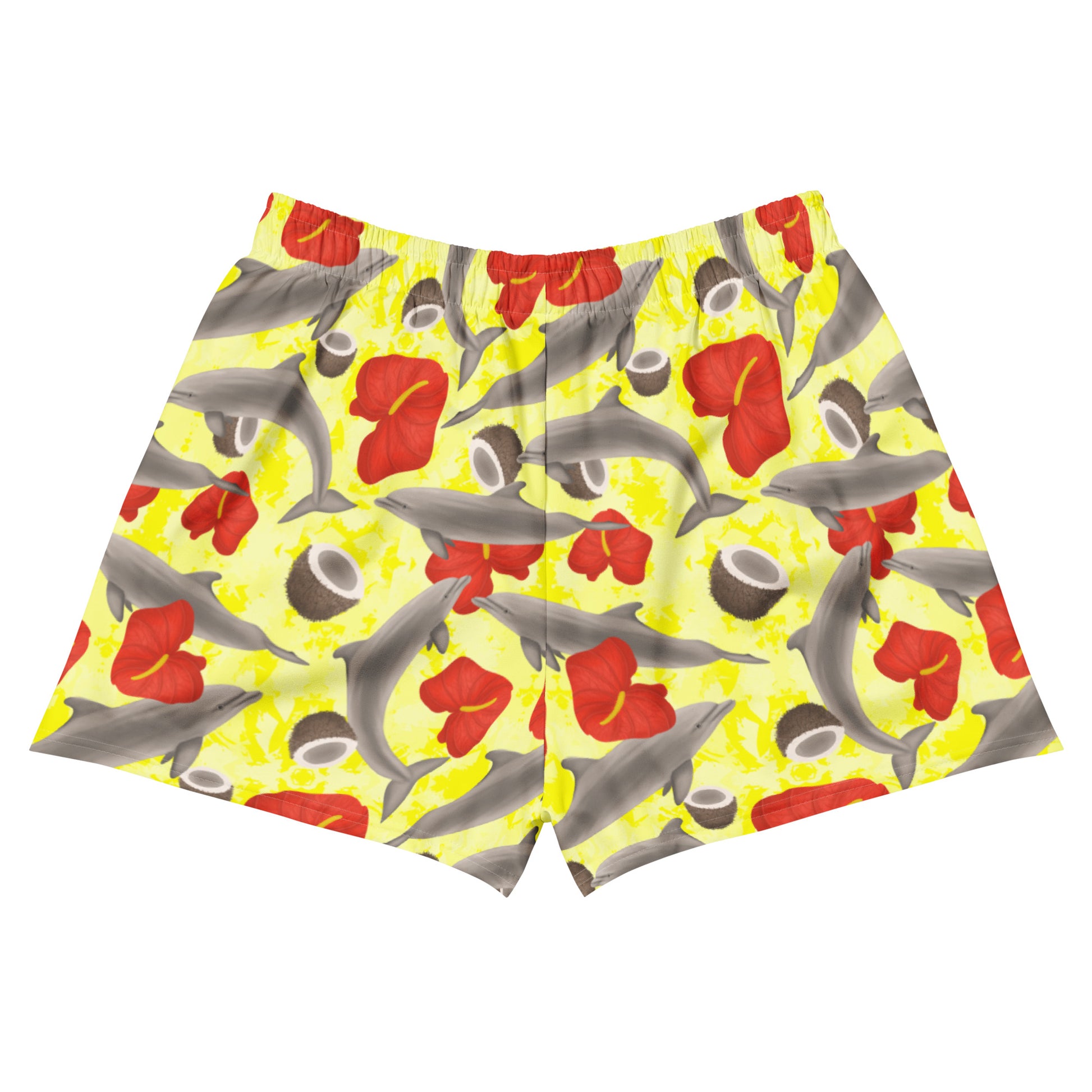 Yellow unisex swim shorts with dolphins and red flowers 