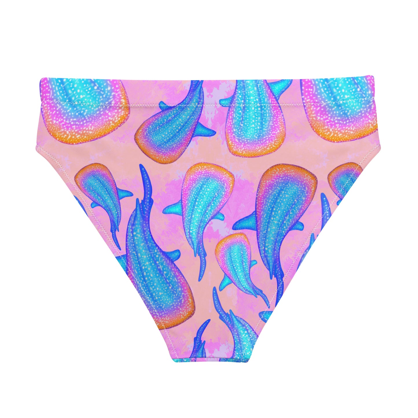 Rainbow whale sharks on pink and purple tie dye background eco high waisted bikini bottom 