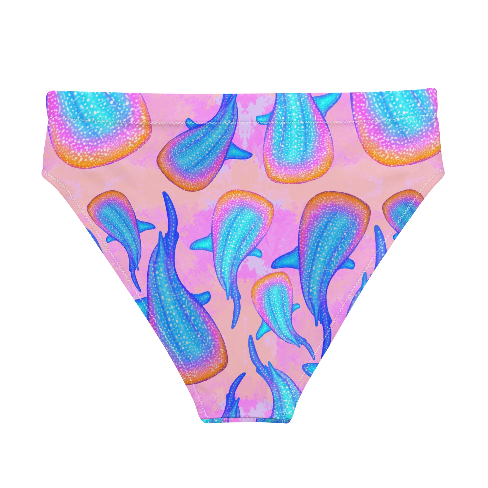 Rainbow whale sharks on pink and purple tie dye background eco high waisted bikini bottom 
