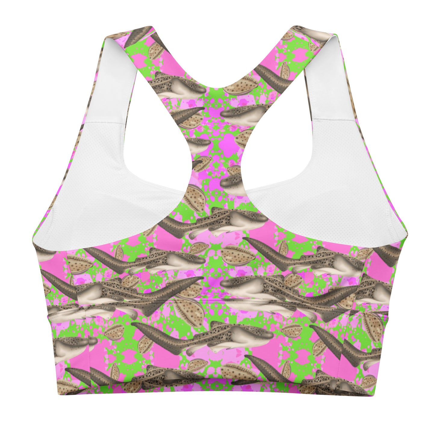Green and pink sports bra with zebra sharks 