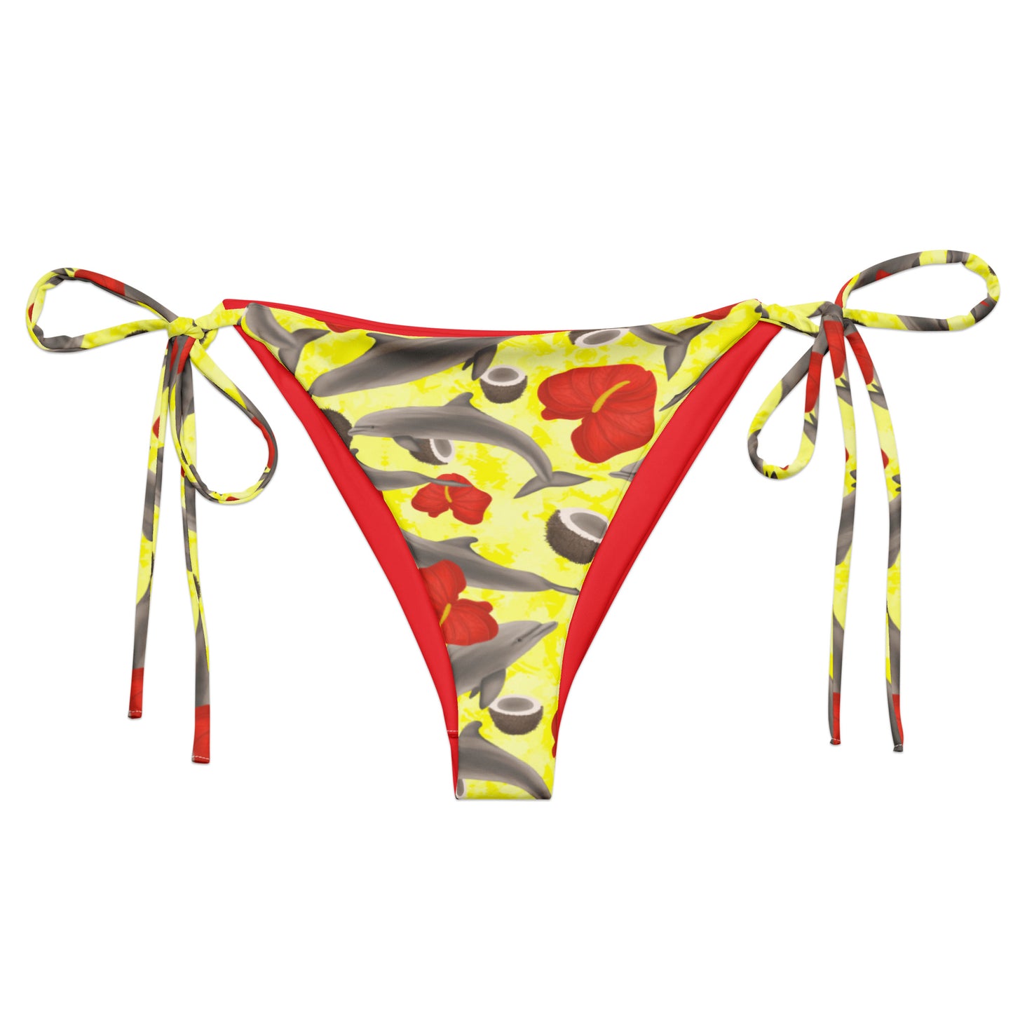 Yellow string bikini bottom with dolphins and red flowers 