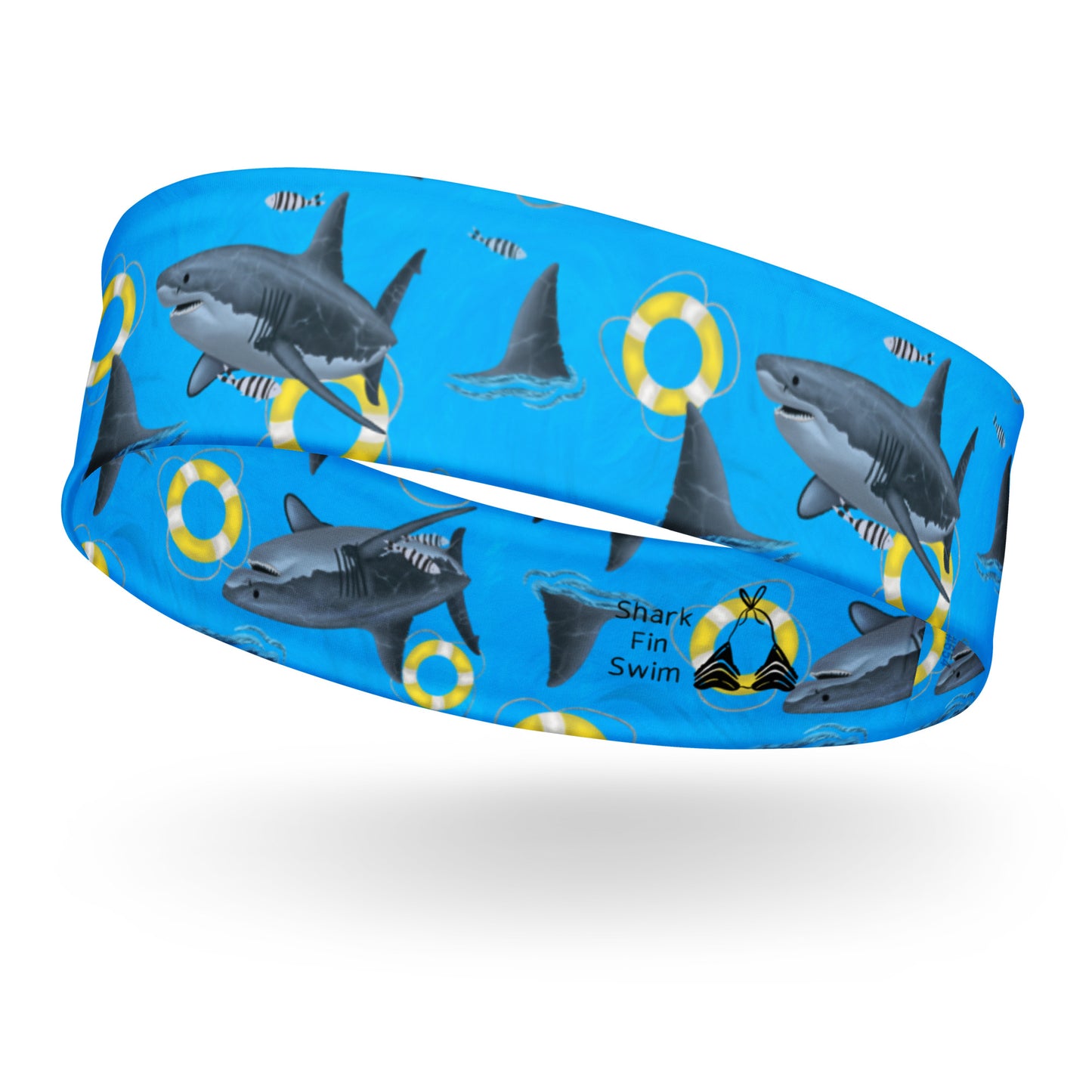 Blue great white shark dive headband with yellow floaties 