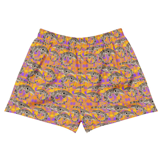 Epaulette Shark eco unisex shorts with pockets with orange and purple background