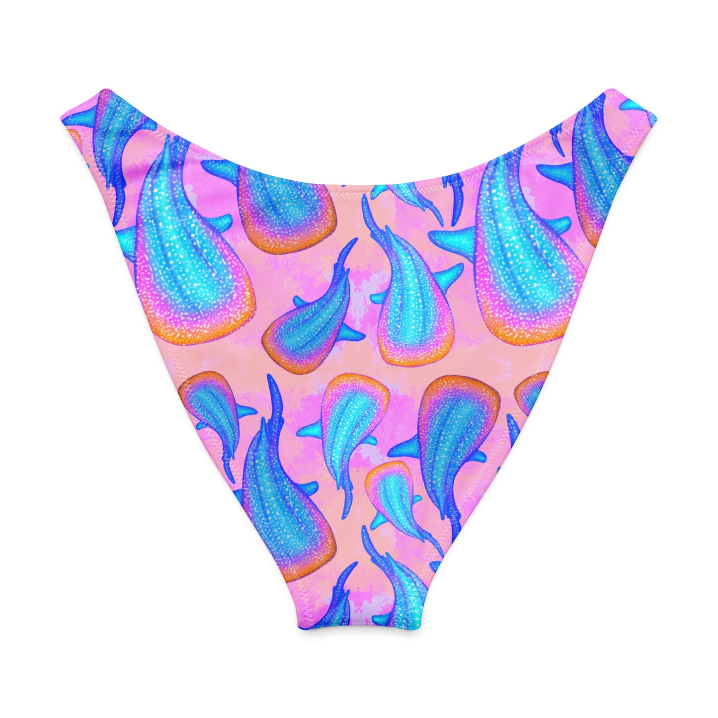 rainbow whale sharks with a pink and purple tie dye background on our high cut recycled bikini bottom