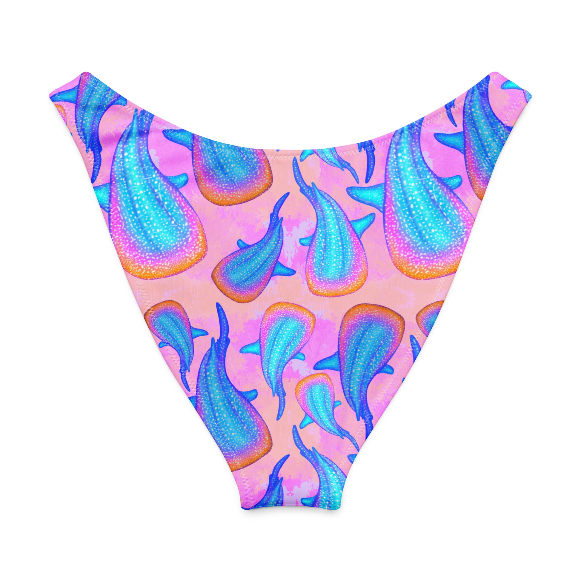 rainbow whale sharks with a pink and purple tie dye background on our high cut recycled bikini bottom