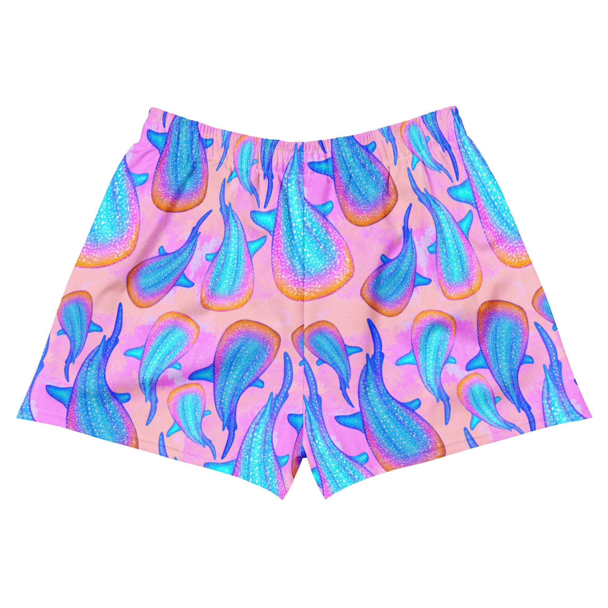 rainbow whale sharks on a pink and purple tie dye background eco unisex shorts