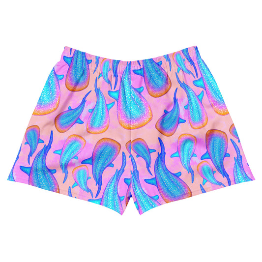 rainbow whale sharks on a pink and purple tie dye background eco unisex shorts