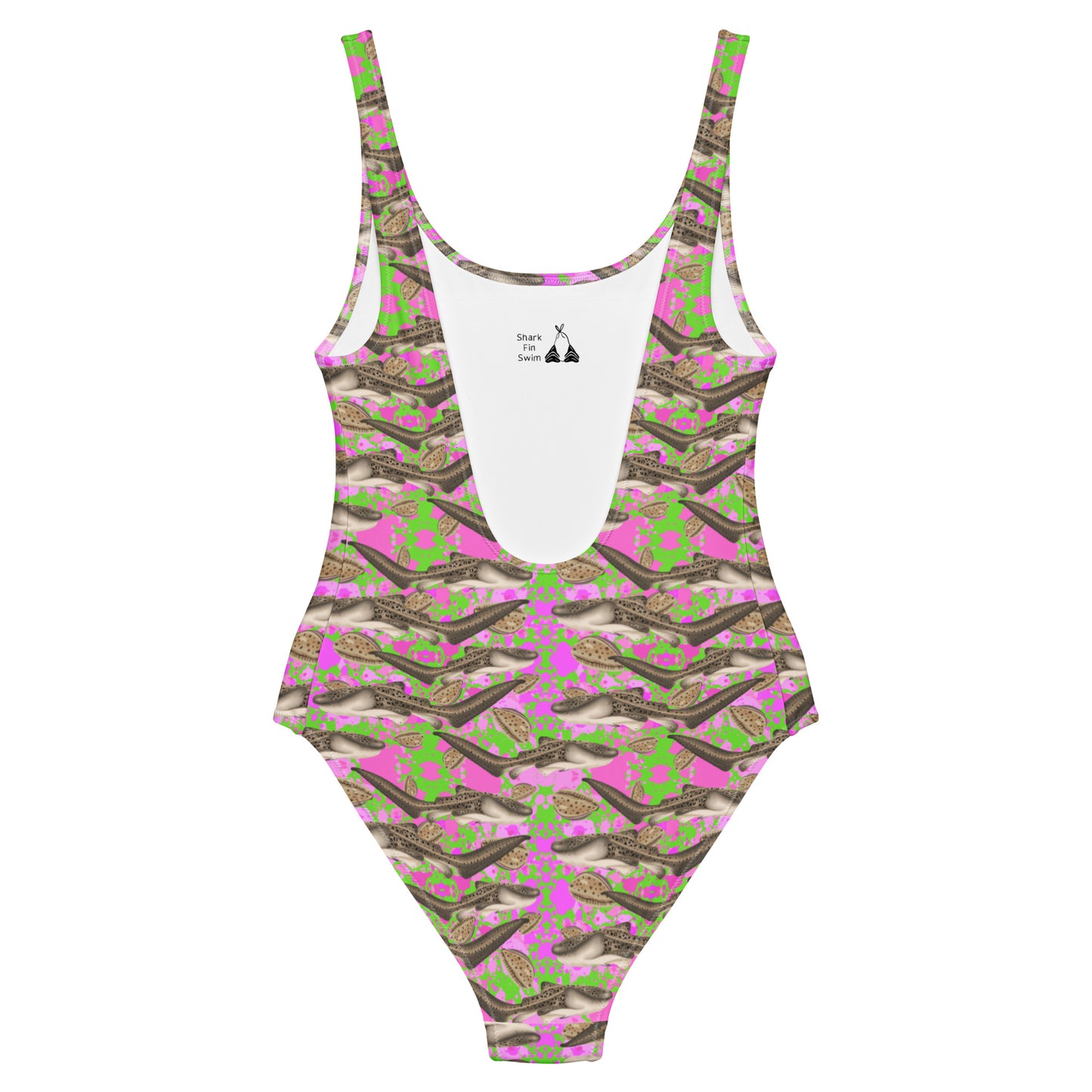Green and pink one piece swimsuit with zebra sharks 