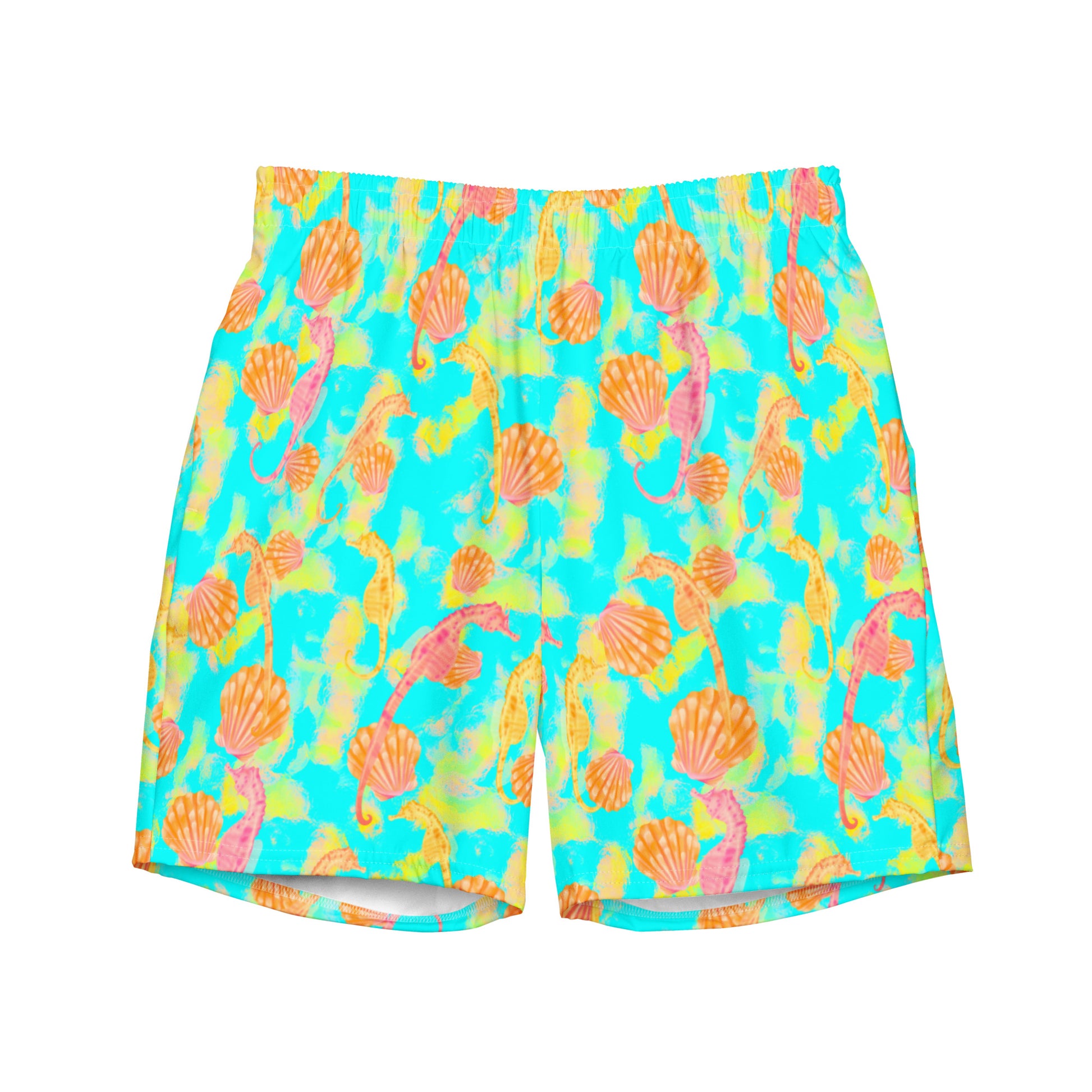 Pink and orange seahorses with sunrise seashells. Light aqua blue and yellow background with a neon yellow band. Eco swim trunks 