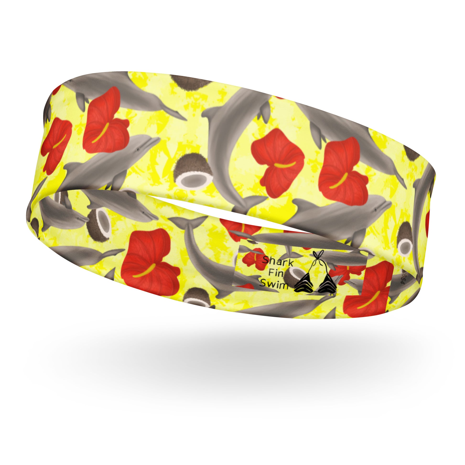 Yellow dive headband with dolphins and red flowers 